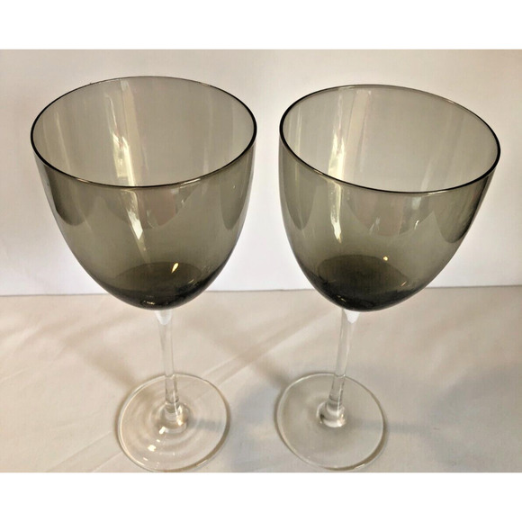 Set 2 Smoke Gray & Clear Large Wine Glasses Goblets Stemmed 9" Tall Barware Mod - Picture 2 of 3